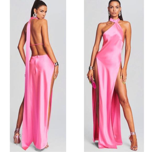 Retrofete Jagger Halterneck High Slit Open Back Draped Pink Maxi Dress Sz Medium - Picture 3 of 9